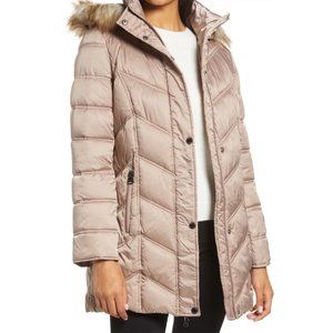 KENNETH COLE Faux Fur Trim Puffer Jacket in Taupe